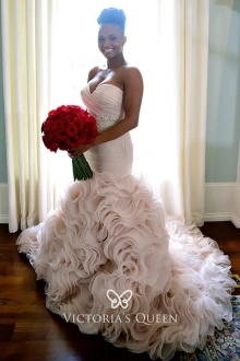 blush cascading ruffled organza wedding dress