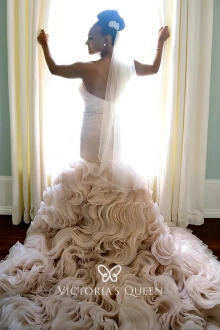 blush organza ruffled long wedding gown with chapel train