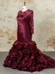 custom made plum ruffled organza mermaid wedding dress