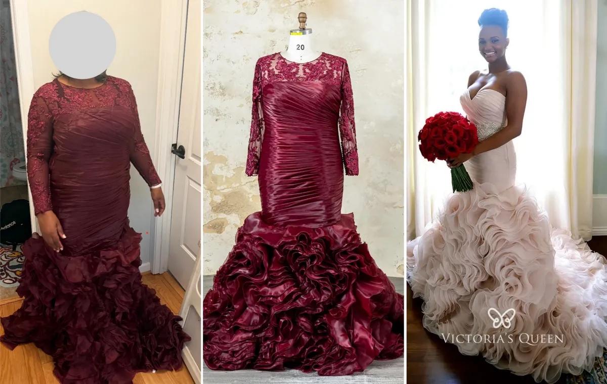 plum ruffled organza mermaid wedding dress customization