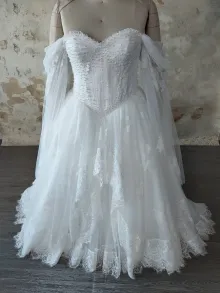Lunss plus size pearled off shoulder corset wedding dress