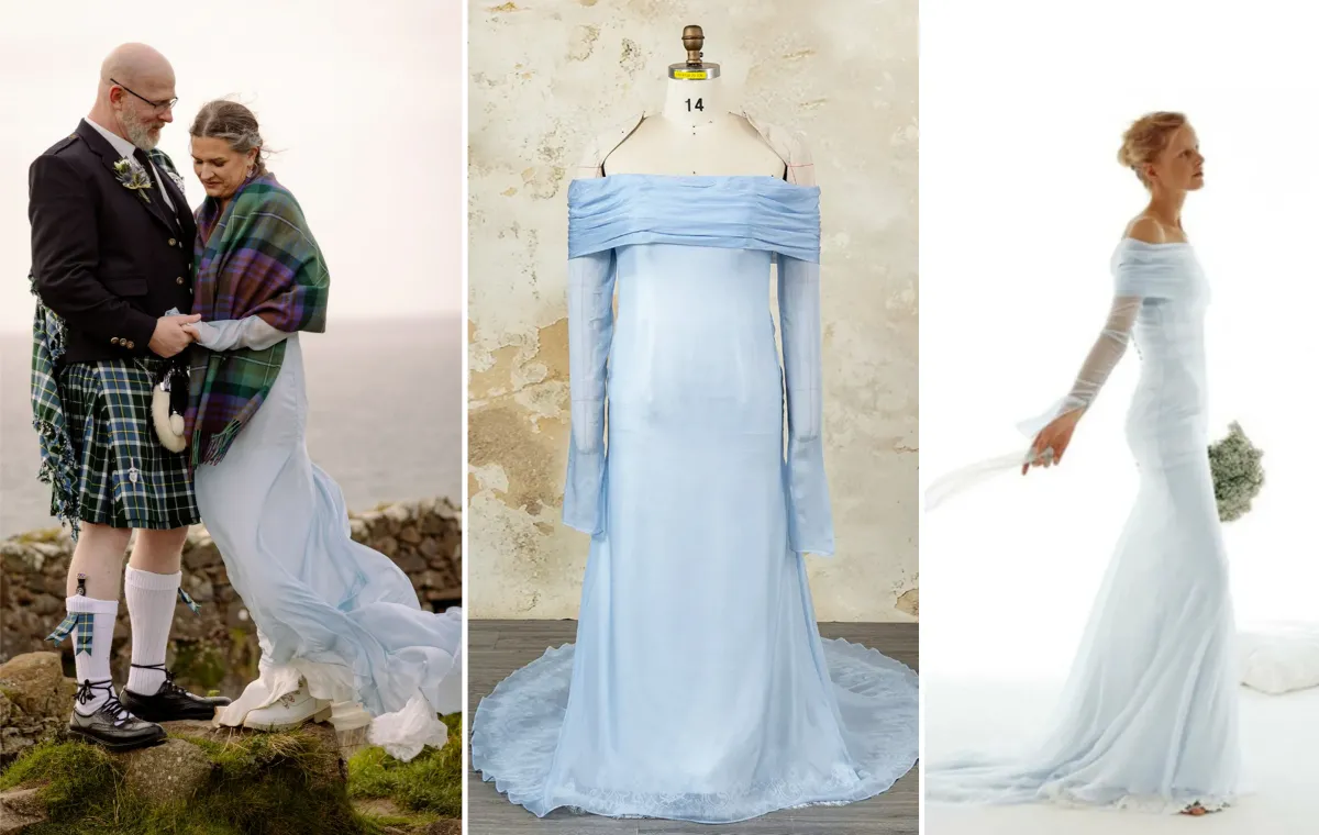 light blue silk chiffon handfasting wedding dress design