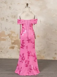 custom made hot pink floral off shoulder dress