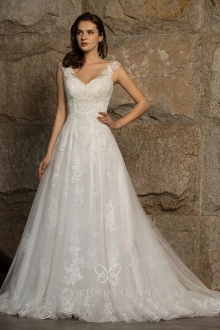 beaded lace tulle cap sleeve a line wedding dress