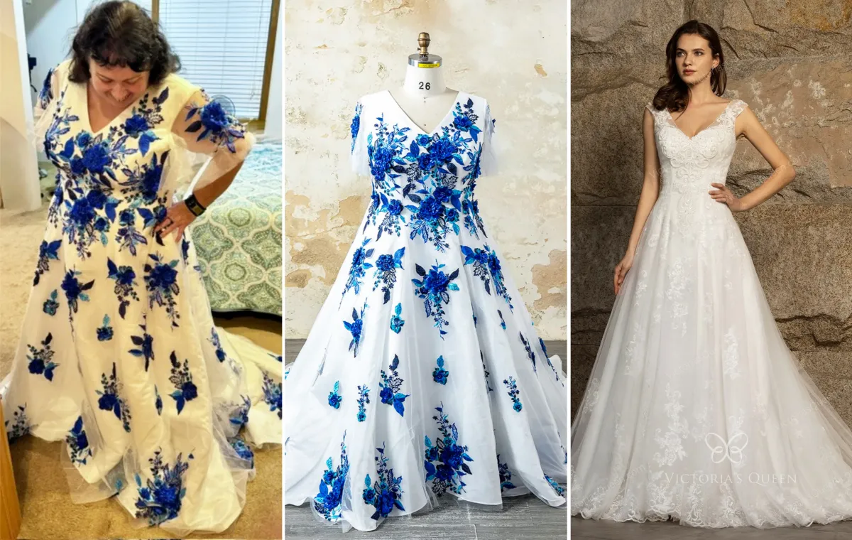 blue floral applique V neck wedding dress customization