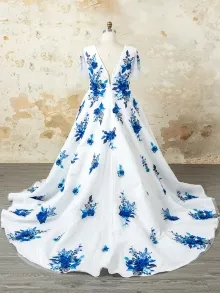 blue floral applique V neck wedding dress