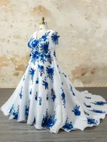 custom made blue floral applique V neck wedding dress