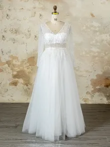 Lunss modest v neck beaded long sleeve wedding dress