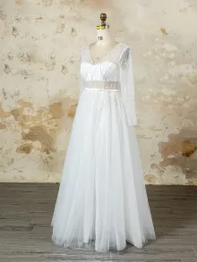 custom made modest v neck beaded long sleeve wedding dress