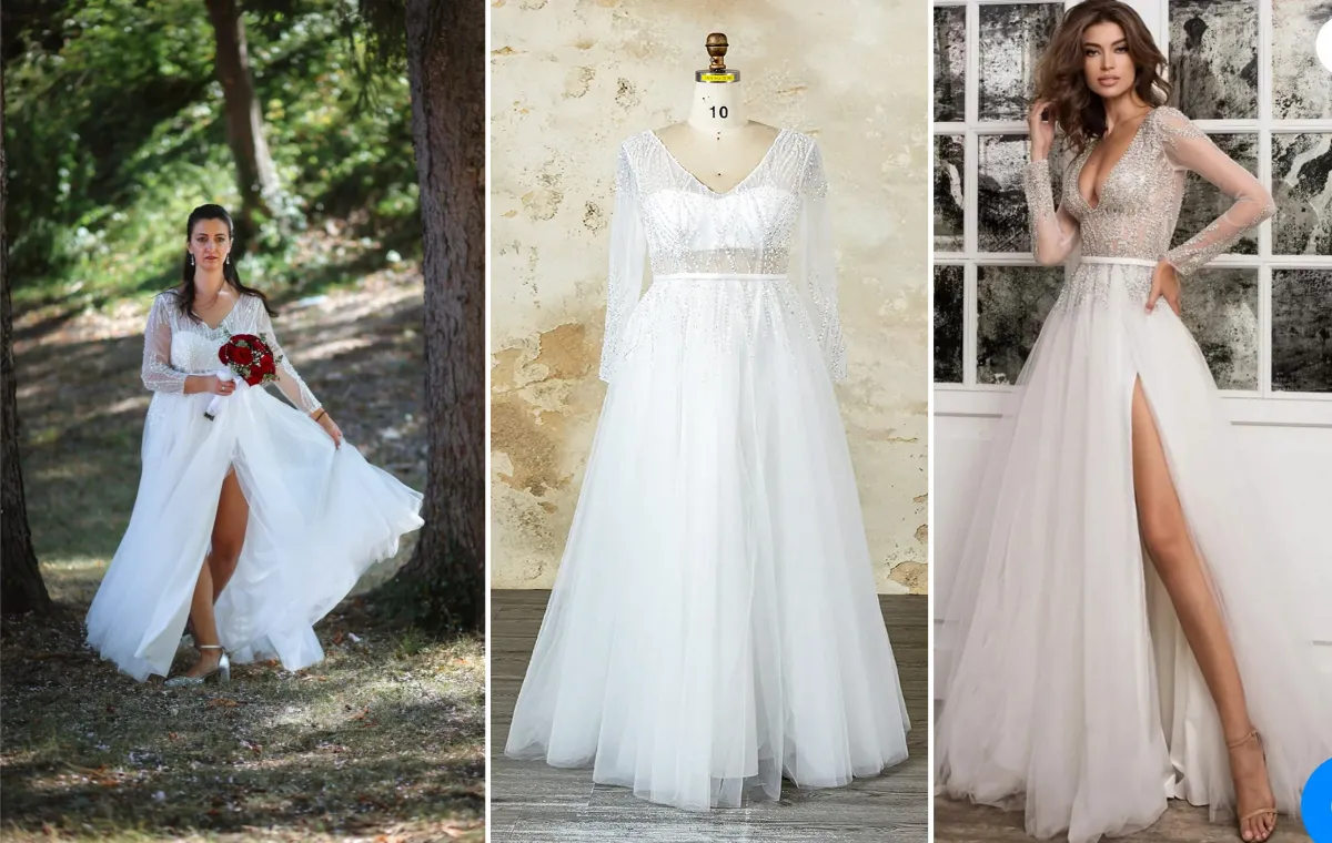 modest v neck beaded long sleeve wedding dress design