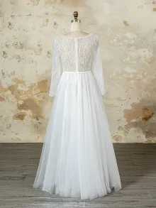 modest v neck beaded long sleeve wedding dress