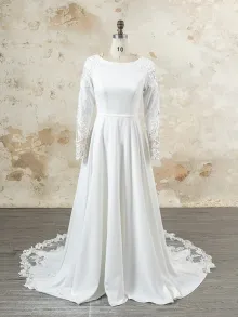 Lunss modest white satin lace long sleeve wedding dress