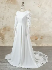 custom made modest white satin lace long sleeve wedding dress