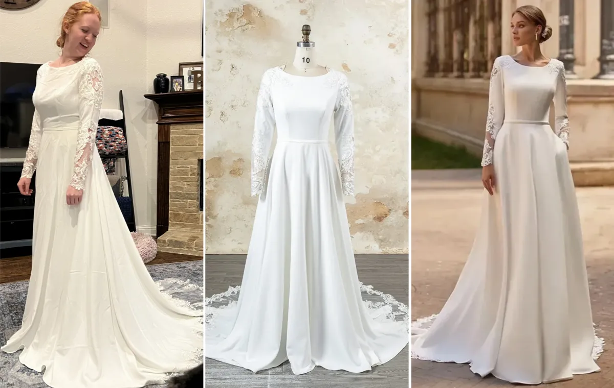 modest white satin lace long sleeve wedding dress design