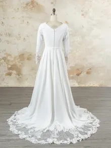 modest white satin lace long sleeve wedding dress
