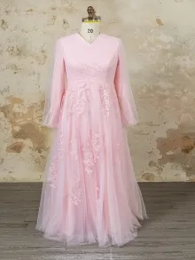 Lunss modest pink long sleeve lace bridesmaid dress