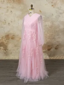 custom made modest pink long sleeve lace bridesmaid dress