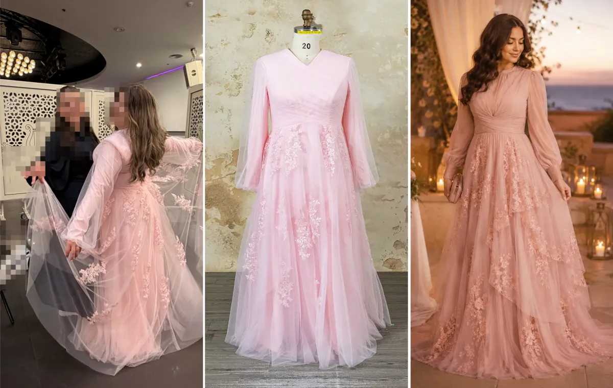 modest pink long sleeve lace bridesmaid dress design