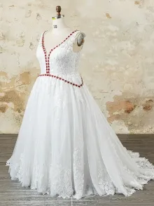 custom made red floral trim deep v neck lace wedding dress