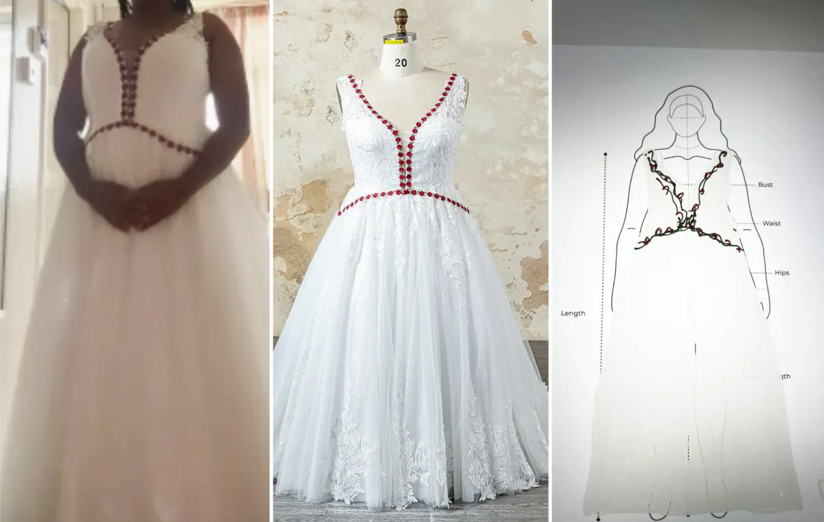 red floral trim deep v neck lace wedding dress design