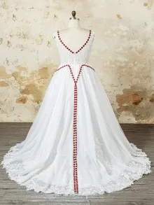 red floral trim deep v neck lace wedding dress