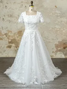 Lunss modest square neck lace A line wedding dress