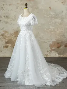 custom made modest square neck lace A line wedding dress
