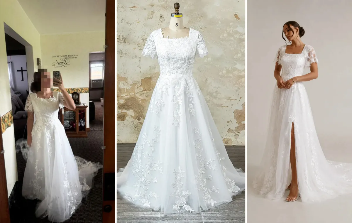modest square neck lace A line wedding dress design
