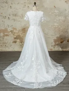 modest square neck lace A line wedding dress