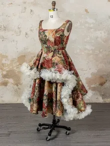 custom made floral tapestry high low wedding dress