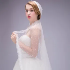 beaded pearl decorated single tier tulle wedding veil scalloped edge