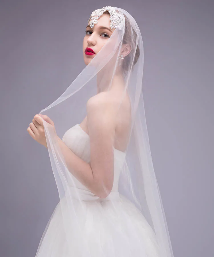 Lunss Champagne Single-Tier Bridal Veil Ribbon Edge