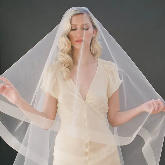 White Tulle One-tier Cathedral Length Bridal Veil with Lace Trim