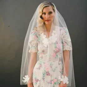 applique decorated bridal raw cut fingertip length tulle veil