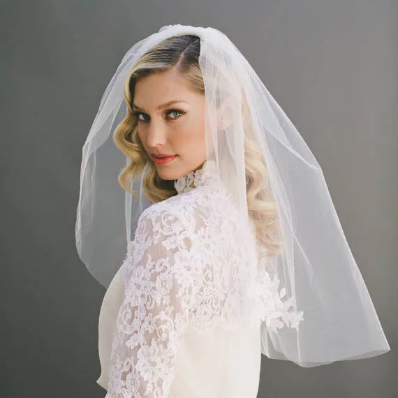 One Blushing Bride Elbow Length Wedding Veil with Beaded Lace Trim, Short Bridal Veil White / Elbow 22-25 inch / No Beading