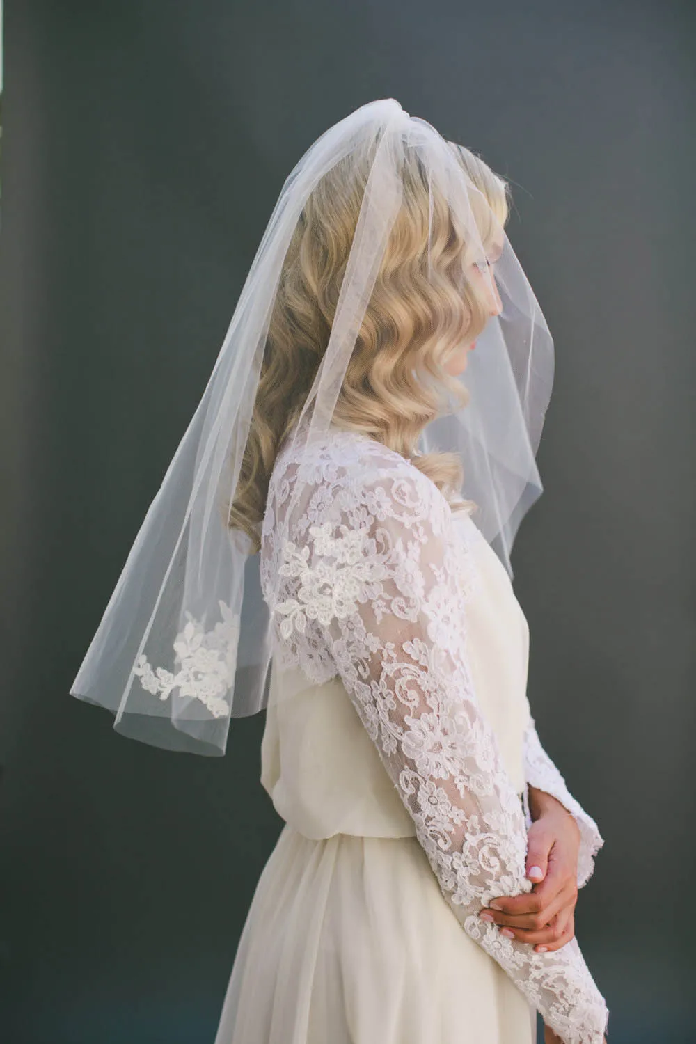 One Blushing Bride Elbow Length Wedding Veil with Beaded Lace Trim, Short Bridal Veil White / Elbow 22-25 inch / No Beading