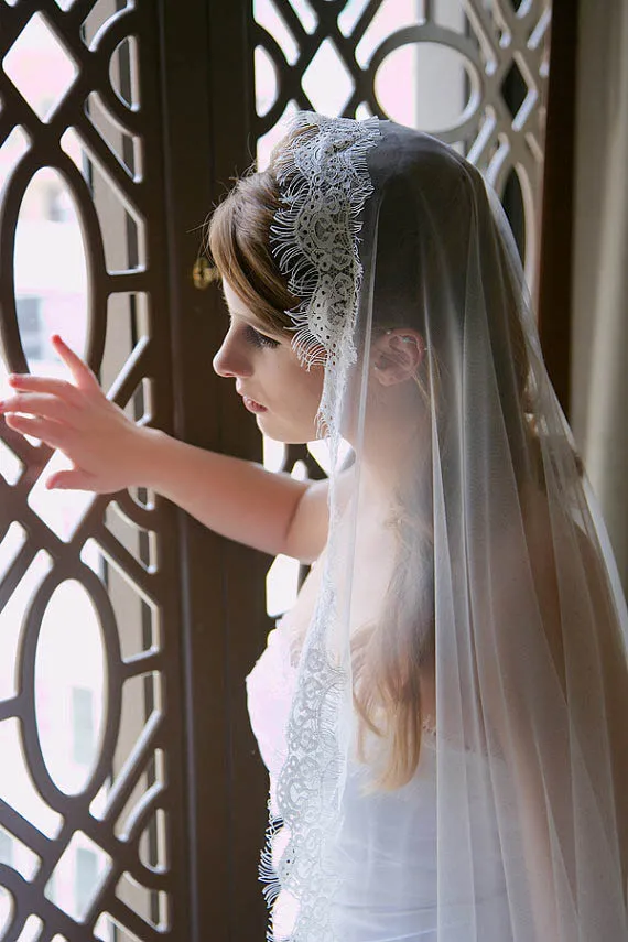 Black 2 Tier Wedding Veil with Lace Edge | Gothic Elegant & Timeless