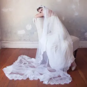 white cathedral length veil bridal corded lace veil