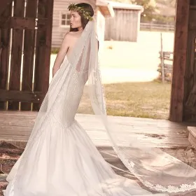chapel length boho wedding veil single tier crafted lace trimmed veil