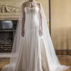 white long tulle cape floral lace bridal shawl crafted wedding jacket