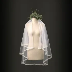 Ivory Two tier Fingertip Length Lace Edge Wedding Veil with Comb