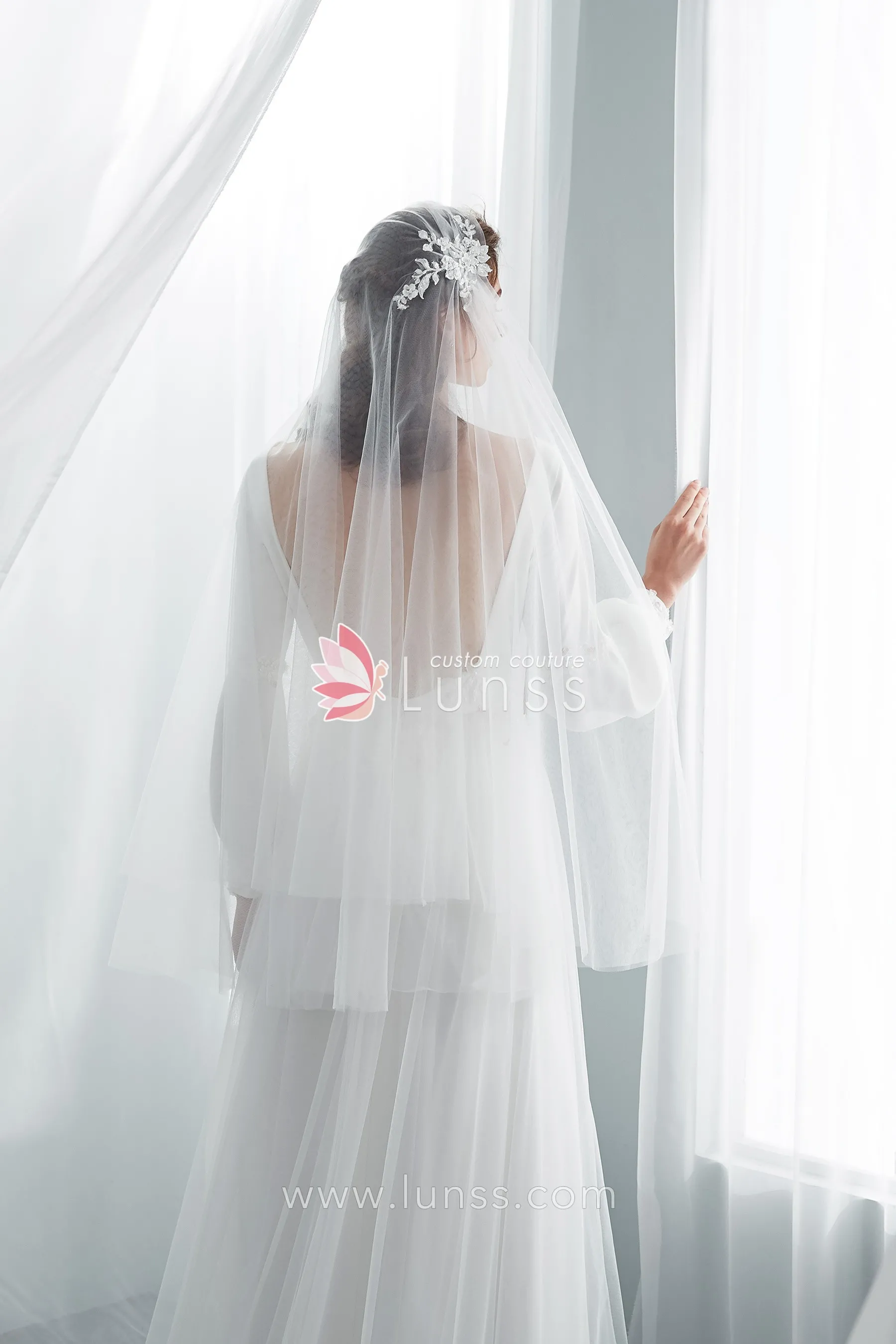 Beaded Two-tiered Fingertip Length Designer Wedding Veil