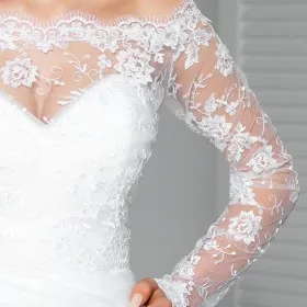 off the shoulder embroidered wedding top long sleeve lace bridal bolero