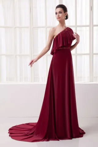 draped asymmetrical one shoulder rhinestone wine chiffon unique evening dress