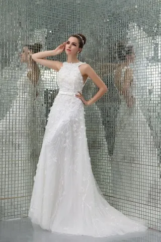 white petals adorned halter sleeveless open back luxury evening dress