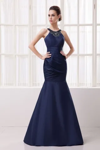 navy taffeta halter beaded drop waist trumpet vintage prom dress