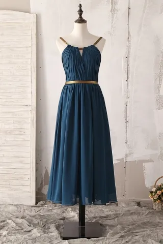 gold strap peacock blue chiffon tea length dress