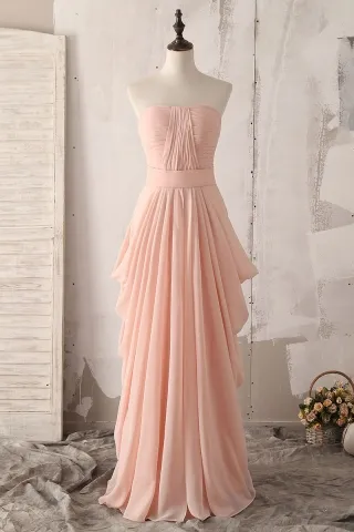 draped pink chiffon strapless long bridesmaid dress