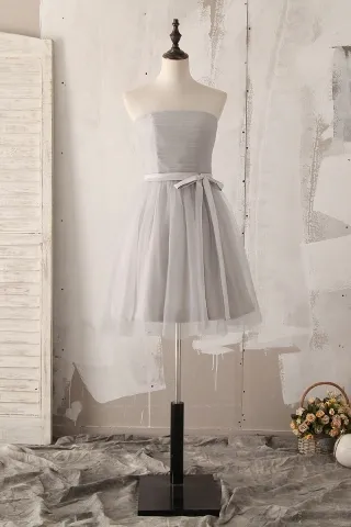 tulle overlay grey chiffon short bridesmaid dress