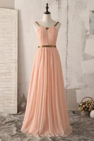gold strap shirred peach chiffon a line bridesmaid dress